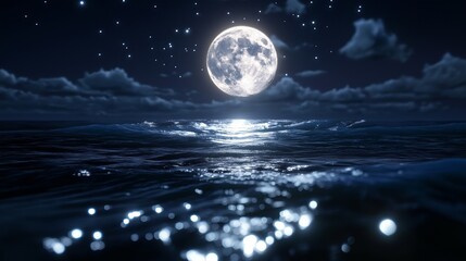 Obraz premium A large, glowing full moon hanging low over the ocean, casting a soft silver glow on the water's surface,