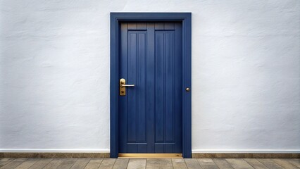 Navy blue wooden door with brass handle and hinges in a small white building, architectural details, door, navy blue door, brass