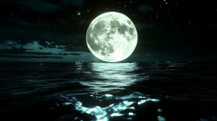 A large, glowing full moon hanging low over the ocean, casting a soft silver glow on the water's surface,