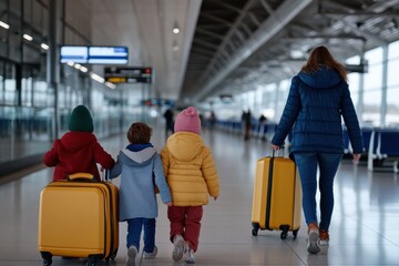 A family with two children, warmly dressed, briskly walks through a bustling airport terminal, embarking on an exciting holiday adventure.
