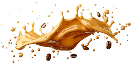 Dynamic splash of coffee with droplets and beans suspended in midair. Captures the energy and freshness of a hot coffee drink.