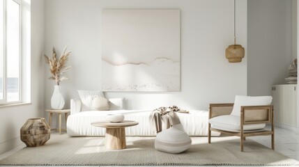 A coastal minimalist living room design set against a white canvas backdrop, Adorned with minimalist coastal furniture arrangements, Coastal minimalist style