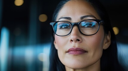 Fototapeta premium Thoughtful woman, wearing glasses, gazes with confidence and introspection amidst the ambient hues of a modern office setting.