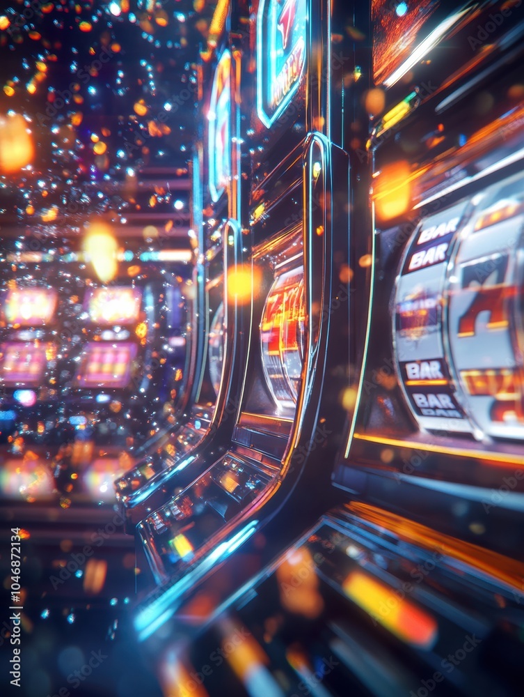 Poster a row of advanced slot machines displays bright lights and spinning reels, enticing players with a g