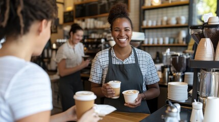 A cheerful waitress serves coffee in a cozy cafe, with a welcoming smile and a lively ambiance, invoking warmth and hospitality.