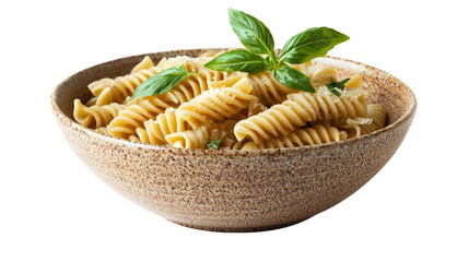 Delicious bowl of fusilli pasta garnished with fresh basil leaves, perfect for Italian cuisine enthusiasts and food photography.