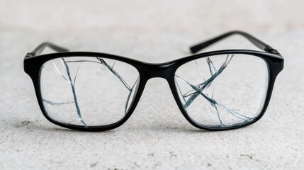 Black glasses with cracked lenses rest on a textured surface, symbolizing fragility and the need for repair.