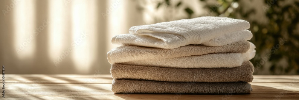 Fototapete a collection of soft, plush towels is arranged neatly on a wooden table, illuminated by natural sunl