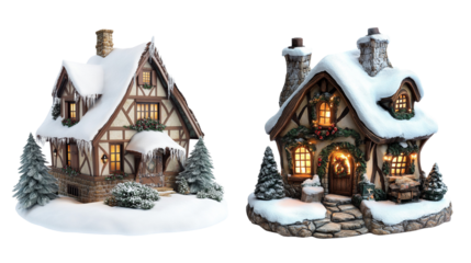Cozy snow-covered cottages beautifully decorated for Christmas, captured during dusk with a warm, inviting ambiance.
