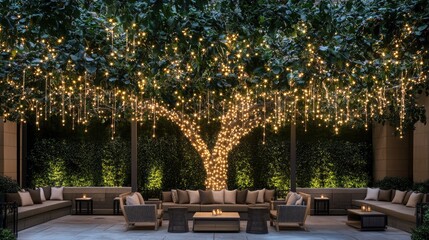 Obraz premium Elegant Courtyard with String Lights and Cozy Seating