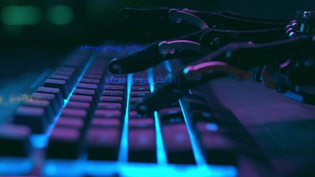 Mechanical hand on a violet keyboard with glow. Artificial intelligence research and machine thinking