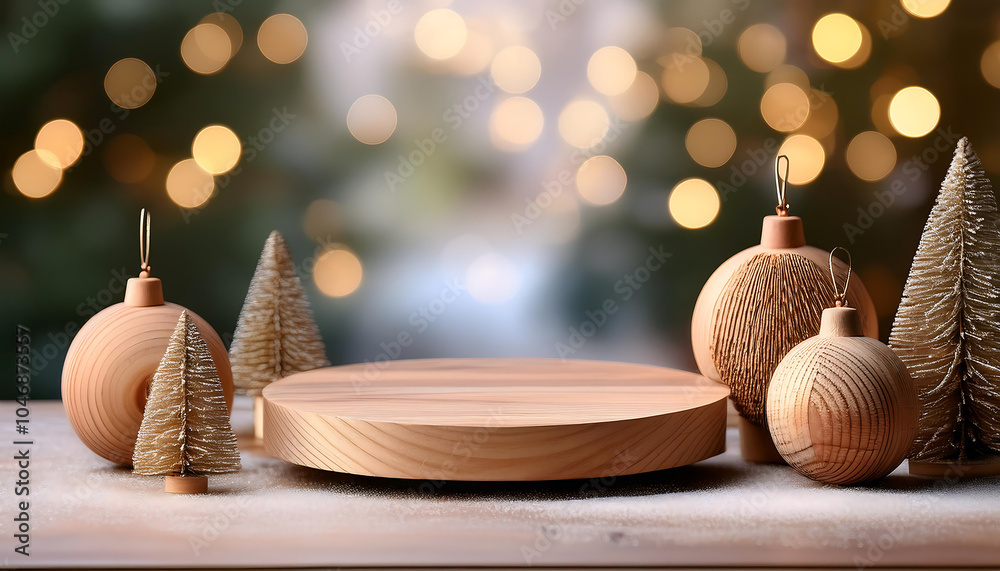 Poster empty wooden ornaments on a christmas bokeh background create a serene winter scene. _1(328)
