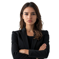Fototapeta premium Confident businesswoman in black blazer with arms crossed, representing leadership and professionalism, isolated on white background.