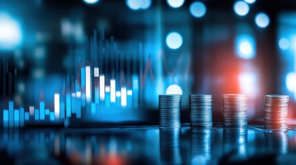 Blue stock market growth graph with upward arrows and stacks of coins on blurred background, symbolizing economic rise and wealth, finance growth, debt management