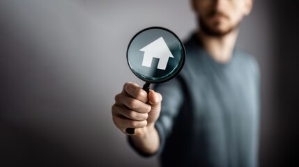 Man looking at a magnifying glass with a house icon on grey background, symbolizing property evaluation and real estate insight, debt management