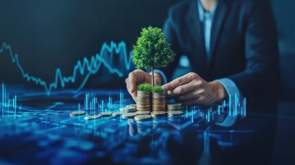 Businessman planting green tree on coin stack with stock market graph, symbolizing growth and sustainable wealth, debt management, investment