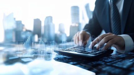 Businessman using calculator with growth graph and financial data on screen, symbolizing budgeting and debt planning, debt management, finance, growth