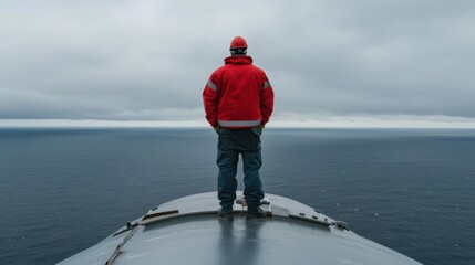 Naklejka premium A worker stands confidently on a wind turbine blade, overlooking the expansive ocean under a cloudy sky, symbolizing innovation and renewable energy.