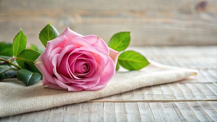 pink rose on wooden table with tapestry of flowers and leaves