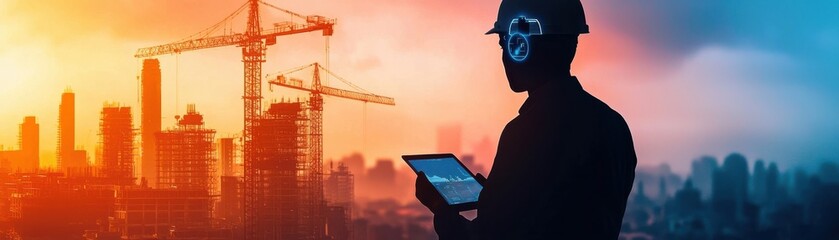 Fototapeta premium A construction worker in a helmet uses a tablet, silhouetted against a vibrant sunset and a city skyline with cranes.