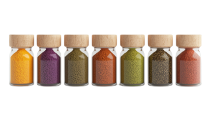 Collection of colorful spice jars with wooden lids, showcasing various ground spices in vibrant hues, neatly arranged in a row.