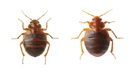 Close-up of two bed bugs isolated on a white background, showcasing the detail and texture of their bodies for educational and illustrative purposes.