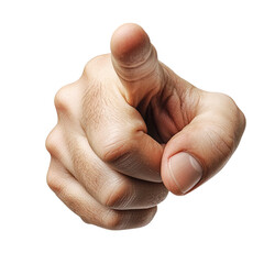 Close-up of a pointing hand gesture, isolated on a white background, focusing on the index finger.