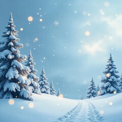 A path in the forest on a snowy day, snowflakes falling from the sky