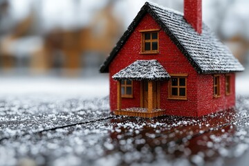 A charming red miniature house covered in snow, capturing the essence of winter warmth and coziness.