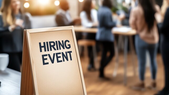 Business hiring event with a sign in the foreground and people networking in the background, focusing on job opportunities and career growth.