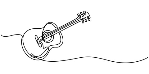 Fototapeta premium One continuous line drawing of acoustic guitar, Guitar Continuous Line Illustration, Electric guitar one line art. Continuous line drawing of musical, equipment, song, guitar, electric, melody, rock.