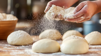 baker kneading dough on table