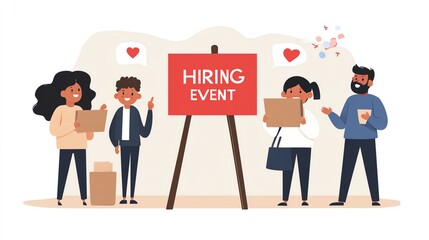 Illustration of people attending a hiring event, exchanging ideas and resumes, with a red sign and cheerful expressions.