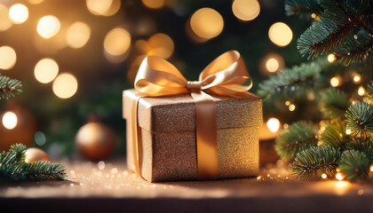 Decorated gift box lies on Christmas tree beneath twinkling lights._1(309)