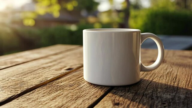 A white mug sits on a wooden table in a backyard setting