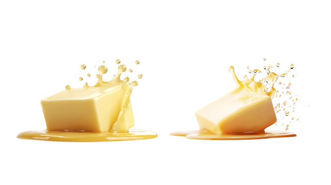 Two butter cubes melting with splashes of liquid, isolated on white background. Perfect for food and culinary uses.