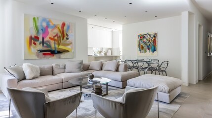 Fototapeta premium A contemporary and artistic living room design accentuated by a white canvas backdrop, Artfully arranged minimalist furniture, Artistic minimalist style