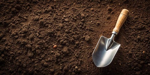 Shovel with soil on soil background