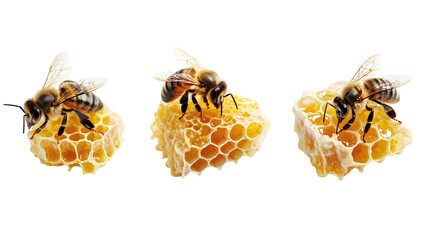Three bees gathering nectar on honeycomb. A close-up image showcasing bee activity, honeycomb structure, and pollination nature process.