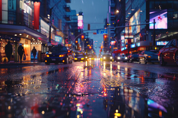 Obraz premium Busy street illuminated by neon lights on a rainy night