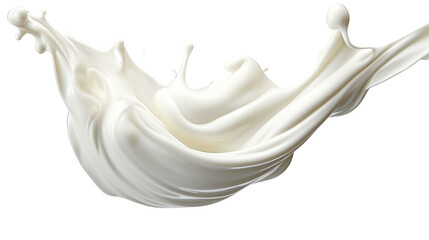 Splash of milk captured mid-air against a white background, creating dynamic and fluid motion effect; ideal for dairy product promotions and ads.