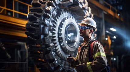 mechanical engineer wearing safety goggles and a hard hat inspecting a large gear mechanism in a factory,