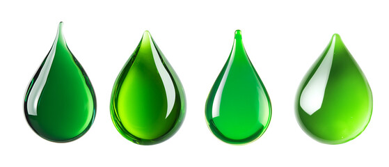 Set of four glossy green drops of liquid isolated on a white background, representing nature, freshness, and vitality.