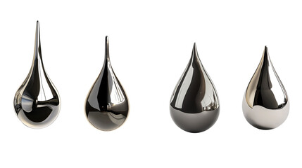 Minimalist metallic teardrop sculptures in a row on a white background, showcasing modern art's sleek, reflective design and creative shapes.