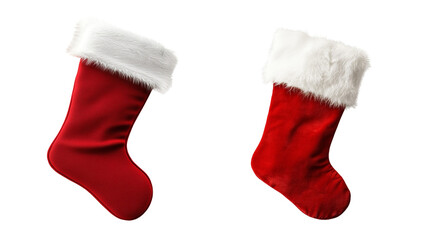 Pair of red Christmas stockings with white fur trim isolated on white background, perfect for holiday decorations and festive designs.