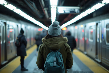 Artwork Generative Ai image underground subway urban station crowded with people, rush hour local public service