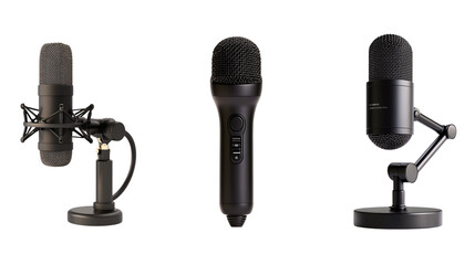 Image of three types of microphones, including a condenser, dynamic, and podcasting microphone, isolated on a white background.
