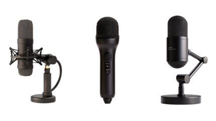 Image of three types of microphones, including a condenser, dynamic, and podcasting microphone, isolated on a white background.