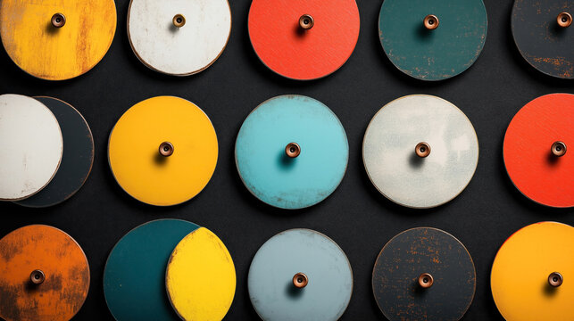 Colorful round wooden discs with metal knobs arranged on a dark background, showcasing a variety of distressed paint finishes.
