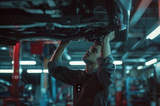 A mechanic inspects and repairs a vehicle lifted on a hoist inside a bustling automotive workshop, showcasing his expertise. Generative AI